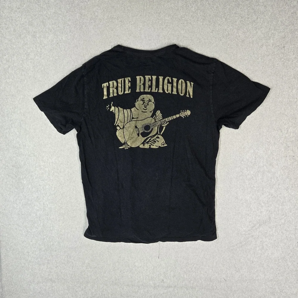 True Religion Men Shirt L/G Black Graphic Buddha Guitar Grunge Logo Short Sleeve